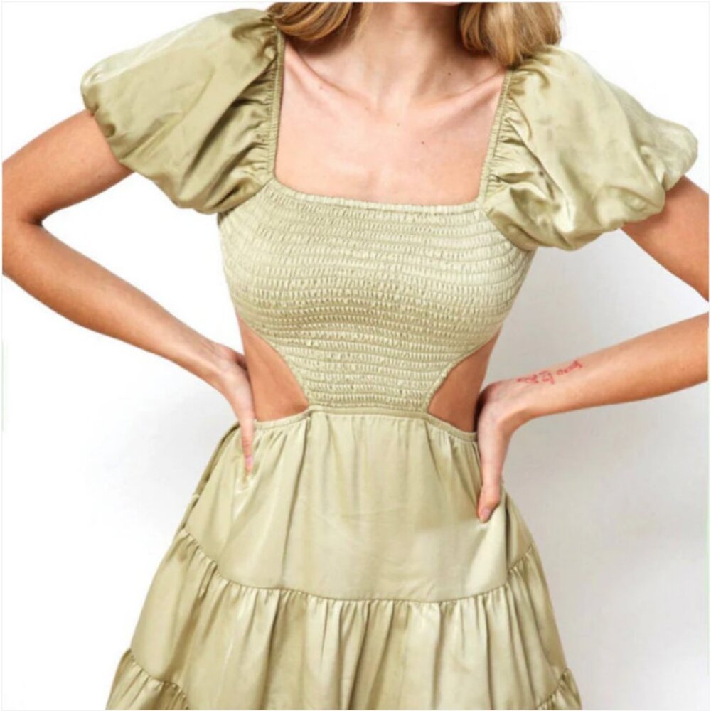D'Liteful Sage Puff Sleeve Ruffle Cut Out Mini Dress Womans Small NEW!!